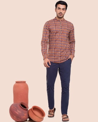 Shop Men's Printed Mandarin Collar Full Sleeves Shirt-Front