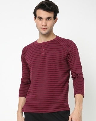 Shop Men's Purple Portion Striped Plus Size Henley T-shirt-Front