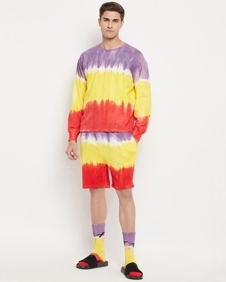 Shop Men's Purple & Yellow Tie & Dye Oversized T-shirt & Shorts Set with Matching Socks-Front
