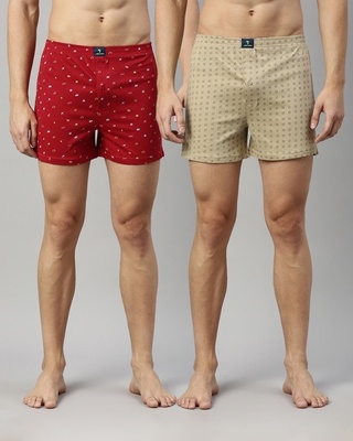 Shop Men's Red & Beige All Over Printed Cotton Boxers (Pack of 2)-Front