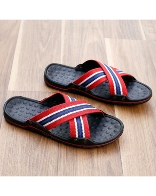 Shop Men's Red & Blue Striped Slippers-Front