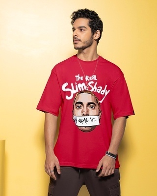 Shop Men's Red Real Slim Shady Graphic Printed Oversized T-shirt-Front