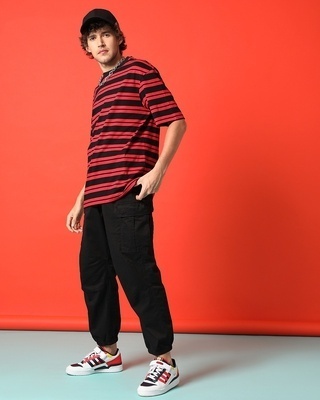 Shop Men's Red Striped Oversized T-shirt-Front