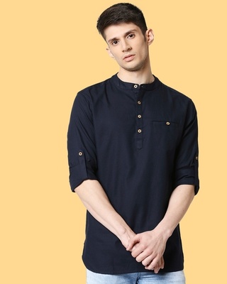 Shop Men's Relaxed Fit Navy Solid Short Kurta-Front