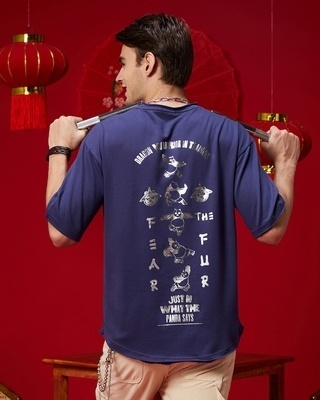 Shop Men's Skipper Blue Kungfu Smackdown Graphic Printed Oversized T-shirt-Front