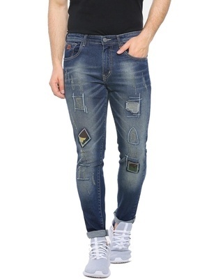 Shop Men's Slim Fit Solid Front Applique Stretch Stylish New Trends Blue Denim Jeans-Front