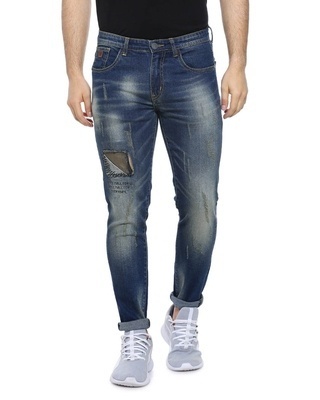 Shop Men's Slim Fit Solid Front Patch Stretch Stylish New Trends Blue Denim Jeans-Front
