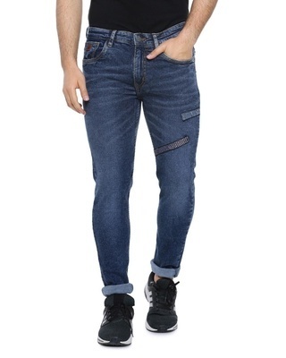 Shop Men's Slim Fit Solid Stretch Stylish New Trends Blue Denim Jeans-Front