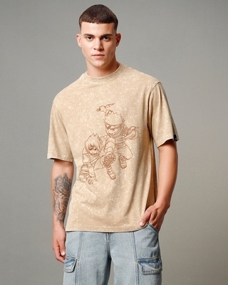 Shop Men's Brown The Rivals Graphic Printed Oversized Acid Wash T-shirt-Front