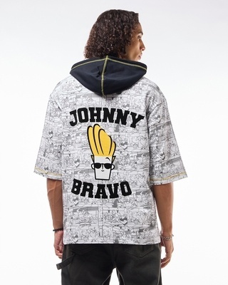 Shop Men's White & Black Johny Bravo All Over Printed Oversized Hoodie T-shirt-Front
