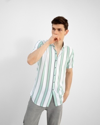 Shop Men's White & Blue Striped Slim Fit Shirt-Front