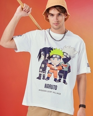 Shop Men's White Chibi Naruto Graphic Printed Oversized T-shirt-Front
