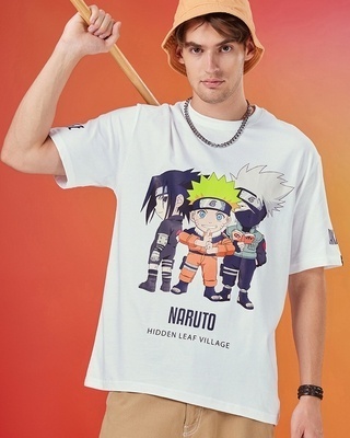 Shop Men's White Chibi Naruto Graphic Printed Oversized T-shirt-Front