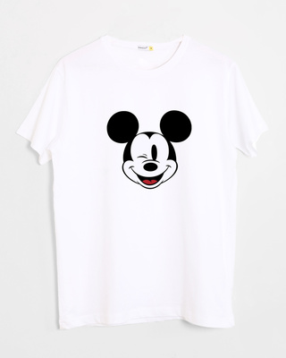 Men's White Mickey Wink Graphic Printed T-shirt