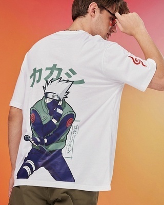Shop Men's White Ninja Kakashi Graphic Printed Oversized T-shirt-Front