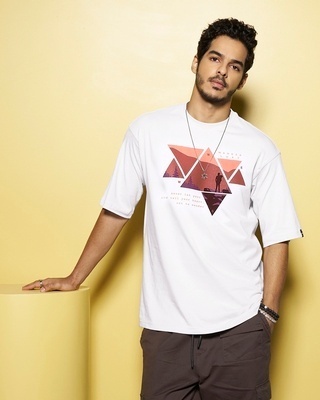 Shop Men's White Wander Geometry Graphic Printed Oversized T-shirt-Front