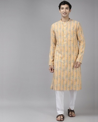 Shop Men's Yellow All Over Printed Cotton Kurta-Front