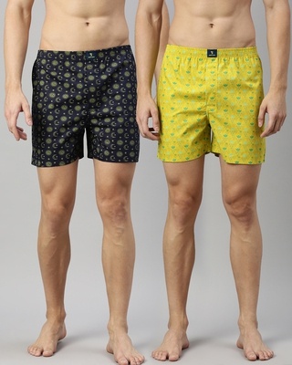 Shop Men's Yellow & Blue All Over Printed Cotton Boxers (Pack of 2)-Front
