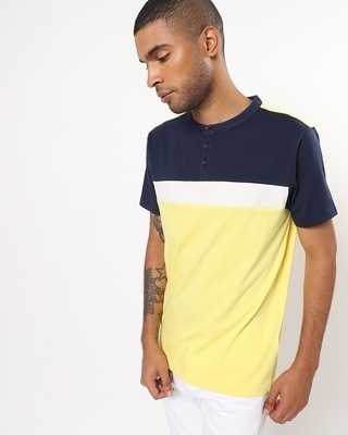 Shop Men's Yellow Color Block Henley T-shirt-Front
