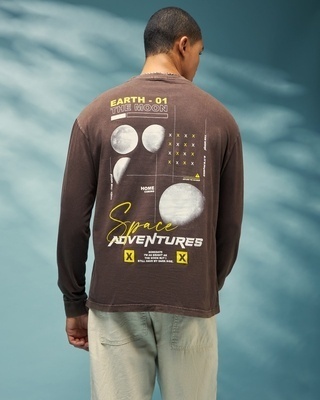 Shop Men's Brown Space Adventure Graphic Printed Oversized T-shirt-Front