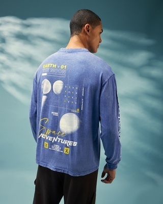 Shop Men's Blue Space Adventure Graphic Printed Oversized T-shirt-Front