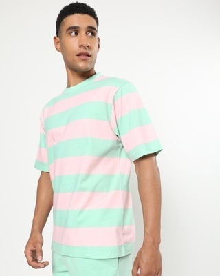Shop Men Sun-Kissed Green and Pink Stripe Oversized Fit T-shirt-Front