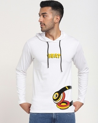 Shop Men's White Beat Graphic Printed Oversized Hoodie T-shirt-Front