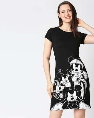 Shop Mickey Black Half Sleeve Hyper Print T-Shirt Dress (DL) Black-Front