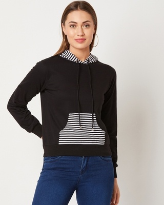 Shop Women's Black Oversized Shadow Dancing Striped Hooded Sweatshirt-Front