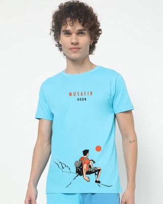 Shop Men's Blue Musafir Hoon Graphic Printed T-shirt-Front