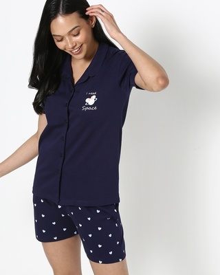 Shop Navy Blue lounge Shirt With Short set-Front