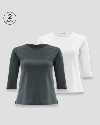 Shop Nimbus Grey & White Round Neck 3/4th Sleeve T-shirt - Pack of 2-Front