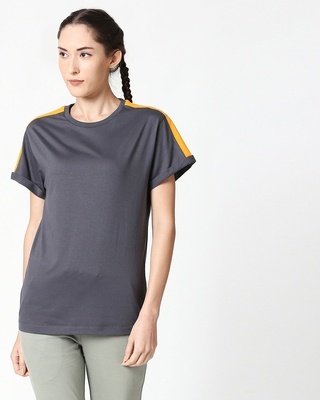 Shop Nimbus Grey-Neon Orange Shoulder Sleeve Boyfriend T-Shirt-Front