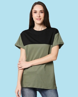 Shop Olive- Black Color Block Boyfriend T-shirt-Front