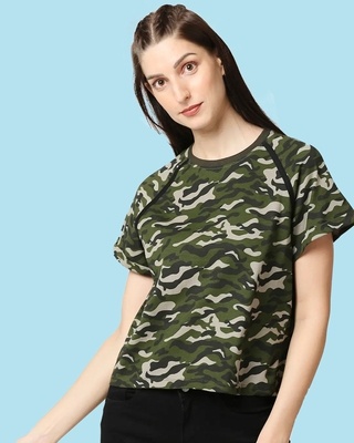 Shop Olive Camo Plain Raglan Boyfriend Camo T-Shirt-Front