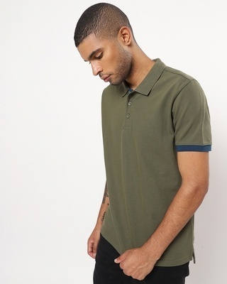 Shop Men's Green Contrast Cuff Sleeve Polo T-shirt-Front