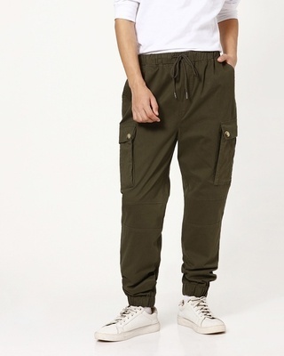 Shop Men's Olive Elastic Waistband Cargo Pants-Front