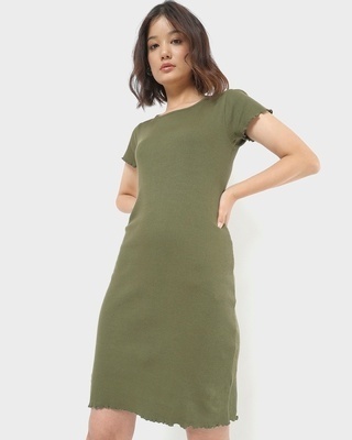 Shop Olive Lettuce Hem Dress-Front