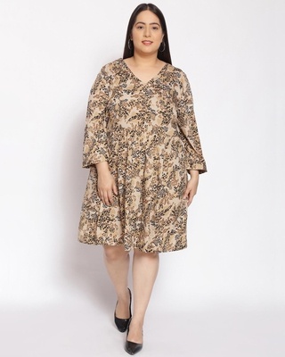 Shop Women's Plus Size Brown Animal Print V-Neck Dress-Front