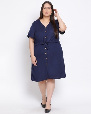 Shop Women's Plus Size Blue Solid V-Neck Dress-Front