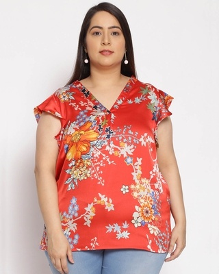 Shop Women's Plus Size Red Floral Print V-Neck Top-Front