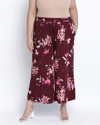 Shop Oxolloxo Women's Maroon Floral Print Plus Size Palazzo-Front