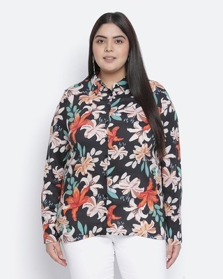 Shop Oxolloxo Women's Black Flower Print Regular Fit Shirt-Front