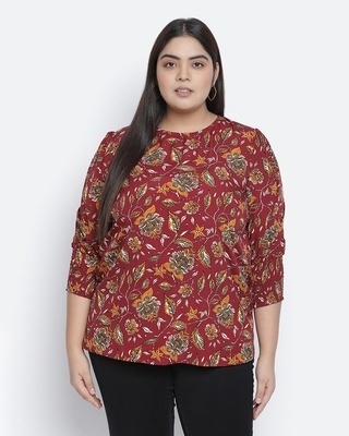 Shop Oxolloxo Women's Red Floral Print Regular Fit Top-Front
