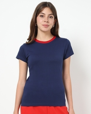 Shop Women's Pageant Blue Varsity Half Sleeve Round Neck T-shirt-Front