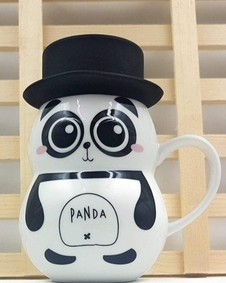 Shop Panda Coffee Combo Ceramic Mug,  With Rubber Lid (450 Ml, White, Single Piece)-Front