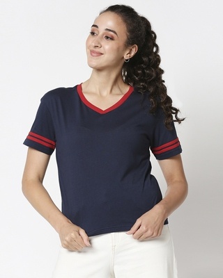 Shop Peageant Blue V Neck Striped Sleeves T-Shirt-Front
