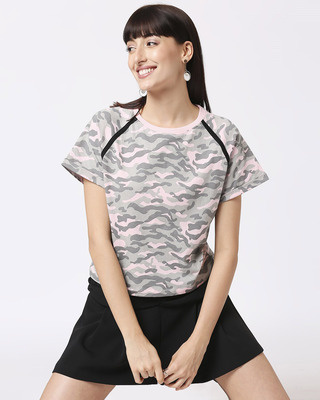 Shop Pink Camo Plain Raglan Boyfriend Camo T-Shirt-Front