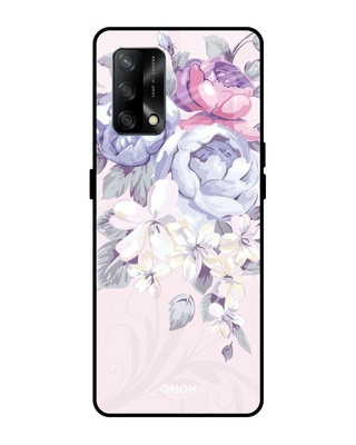 Shop Purple Floral Printed Premium Glass Cover for Oppo F19 (Shock Proof, Lightweight)-Front