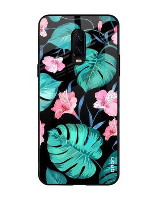 Shop Qrioh OnePlus 6T Tropical Leaves & Pink Flowers Glass Case-Front